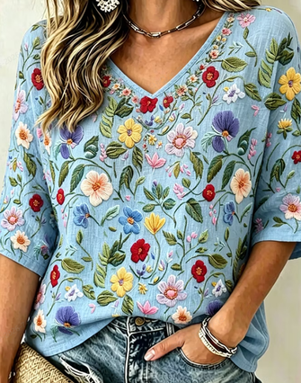 Vintage Floral V Neck Half Sleeve T-shirt - Image 2