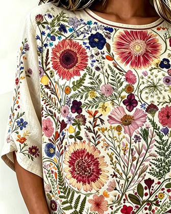Crew Neck Half Sleeve Floral Printing Regular Micro-Elasticity Loose Blouse For Women - Image 3