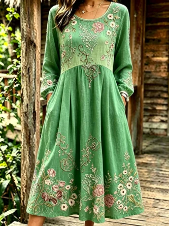 Women Floral Spring/Fall Dress Crew Neck Long Sleeve Linen H-Line Dress