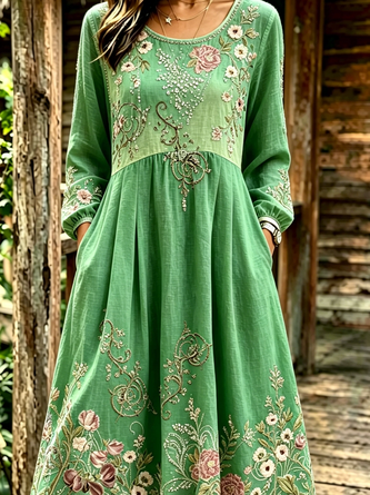 Women Floral Spring/Fall Dress Crew Neck Long Sleeve Linen H-Line Dress - Image 2
