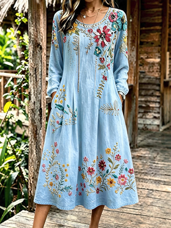Women Floral Spring/Fall Dress Crew Neck Long Sleeve Linen H-Line Dress - Image 2