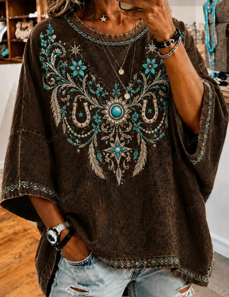 Vintage Floral Crew Neck Half Sleeve T-shirt - Image 2