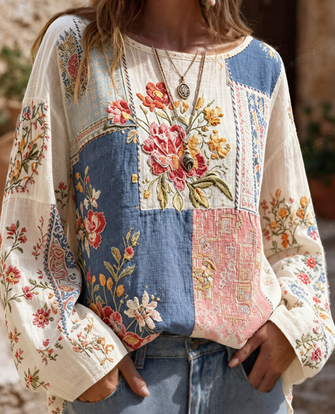 Crew Neck Long Sleeve Floral Printing Lightweight Micro-Elasticity Loose Blouse For Women - Image 2