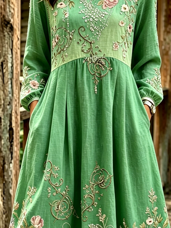 Women Floral Spring/Fall Dress Crew Neck Long Sleeve Linen H-Line Dress - Image 3