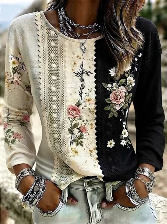 Casual Floral Crew Neck Long Sleeve T-shirt