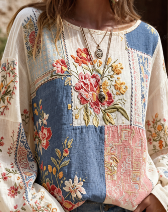 Crew Neck Long Sleeve Floral Printing Lightweight Micro-Elasticity Loose Blouse For Women - Image 3