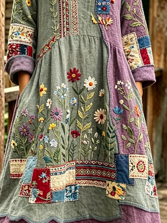 Women Floral Spring/Fall Dress Crew Neck Long Sleeve Linen H-Line Dress - Image 3