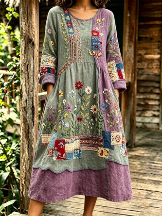 Women Floral Spring/Fall Dress Crew Neck Long Sleeve Linen H-Line Dress