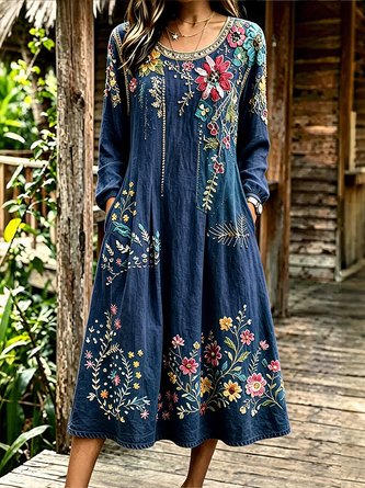 Women Floral Spring/Fall Dress Crew Neck Long Sleeve Linen H-Line Dress - Image 4