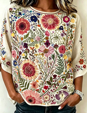 Crew Neck Half Sleeve Floral Printing Regular Micro-Elasticity Loose Blouse For Women - Image 2