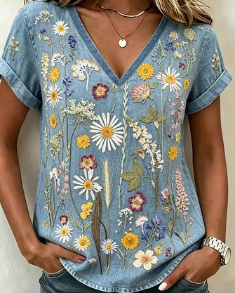 Vintage Floral V Neck Short Sleeve T-shirt - Image 3