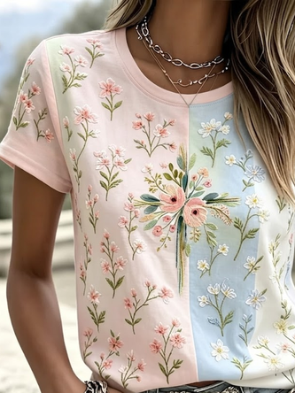 Casual Floral Crew Neck Short Sleeve T-shirt - Image 2