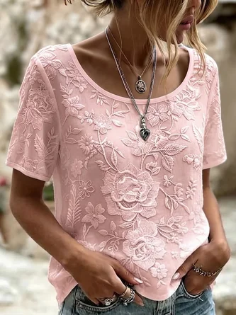 Casual Floral Crew Neck Short Sleeve T-shirt 3 Casual Floral Crew Neck Short Sleeve T-shirt - Image 3