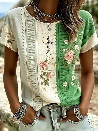 Casual Floral Crew Neck Short Sleeve T-shirt 7 Casual Floral Crew Neck Short Sleeve T-shirt - Image 7
