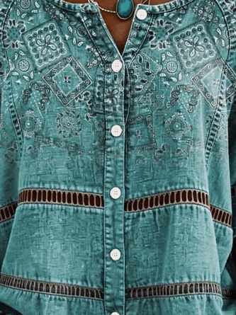 Henley Collar Half Sleeve Paisley Regular Micro-Elasticity Regular Fit Shirt For Women - Image 3