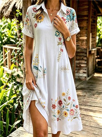 Women Floral Summer Dress Shawl Collar Short Sleeve Shirt Dress A-Line Dress 3 Women Floral Summer Dress Shawl Collar Short Sleeve Shirt Dress A-Line Dress - Image 3
