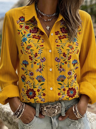 Shawl Collar Long Sleeve Floral Lightweight Regular Fit Shirt For Women - Image 5