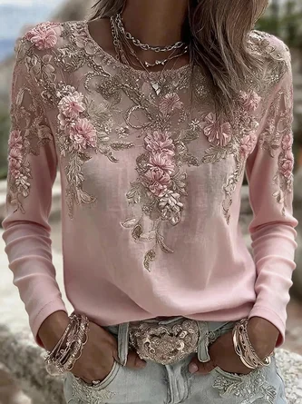 Vintage Floral Crew Neck Long Sleeve T-shirt