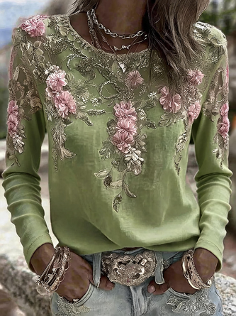 Vintage Floral Crew Neck Long Sleeve T-shirt - Image 3