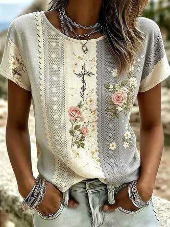 Casual Floral Crew Neck Short Sleeve T-shirt 5 Casual Floral Crew Neck Short Sleeve T-shirt - Image 5