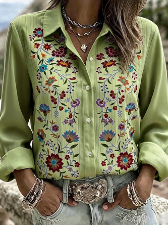 Shawl Collar Long Sleeve Floral Lightweight Regular Fit Shirt For Women - Image 3
