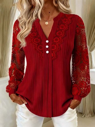 Women's Elegant Lace Sleeve V-Neck Pleated Blouse 6 Women's Elegant Lace Sleeve V-Neck Pleated Blouse - Image 6