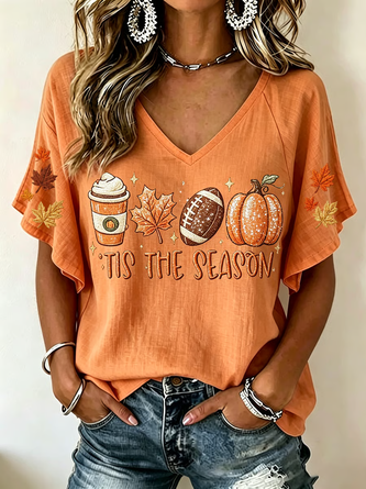 Casual Maple Leaf V Neck Short Sleeve T-shirt
