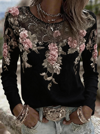 Vintage Floral Crew Neck Long Sleeve T-shirt - Image 4