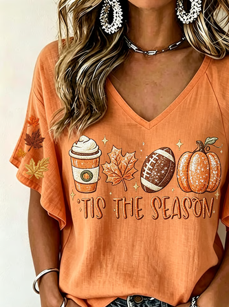 Casual Maple Leaf V Neck Short Sleeve T-shirt - Image 2