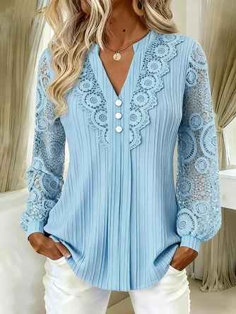 Women's Elegant Lace Sleeve V-Neck Pleated Blouse 1 Women's Elegant Lace Sleeve V-Neck Pleated Blouse