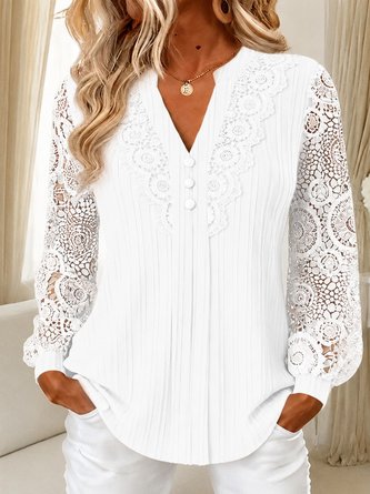 Women's Elegant Lace Sleeve V-Neck Pleated Blouse 2 Women's Elegant Lace Sleeve V-Neck Pleated Blouse - Image 2