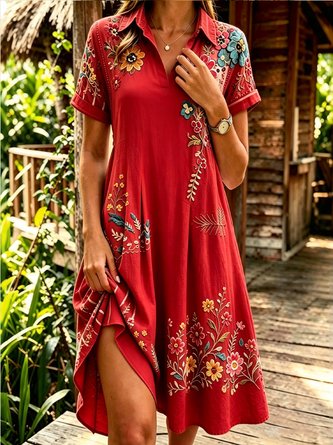 Women Floral Summer Dress Shawl Collar Short Sleeve Shirt Dress A-Line Dress 4 Women Floral Summer Dress Shawl Collar Short Sleeve Shirt Dress A-Line Dress - Image 4