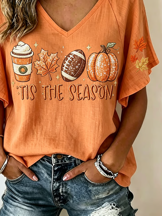 Casual Maple Leaf V Neck Short Sleeve T-shirt - Image 3
