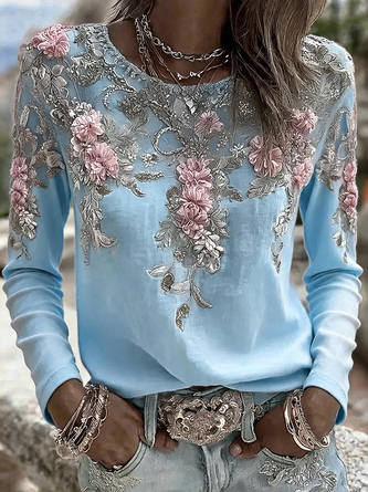 Vintage Floral Crew Neck Long Sleeve T-shirt - Image 5