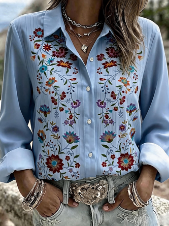 Shawl Collar Long Sleeve Floral Lightweight Regular Fit Shirt For Women - Image 4
