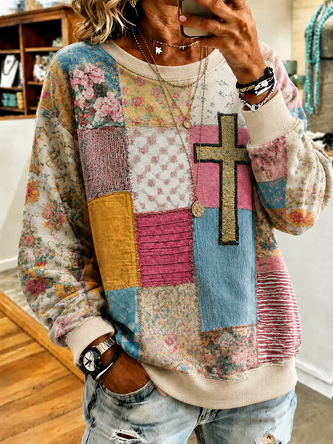 Casual Crew Neck Floral Sweatshirt Printing