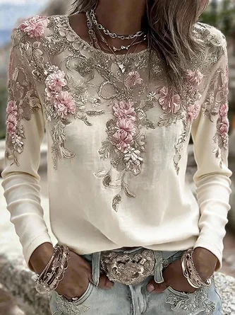 Vintage Floral Crew Neck Long Sleeve T-shirt - Image 2