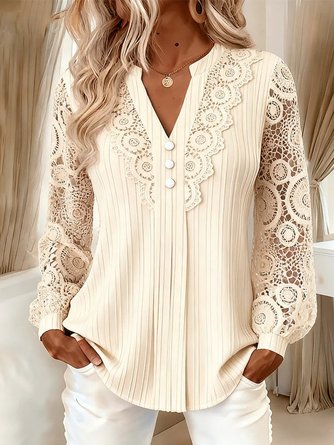 Women's Elegant Lace Sleeve V-Neck Pleated Blouse 4 Women's Elegant Lace Sleeve V-Neck Pleated Blouse - Image 4