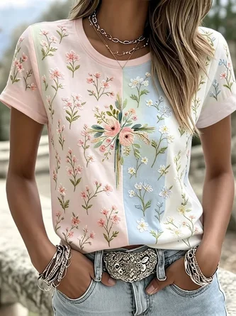 Casual Floral Crew Neck Short Sleeve T-shirt