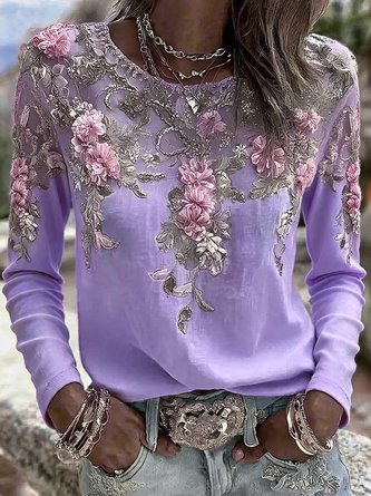 Vintage Floral Crew Neck Long Sleeve T-shirt - Image 6