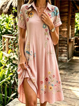Women Floral Summer Dress Shawl Collar Short Sleeve Shirt Dress A-Line Dress 5 Women Floral Summer Dress Shawl Collar Short Sleeve Shirt Dress A-Line Dress - Image 5