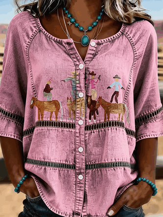 Henley Collar Half Sleeve Painting Regular Micro-Elasticity Regular Fit Shirt For Women - Image 2