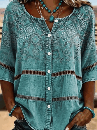 Henley Collar Half Sleeve Paisley Regular Micro-Elasticity Regular Fit Shirt For Women - Image 2