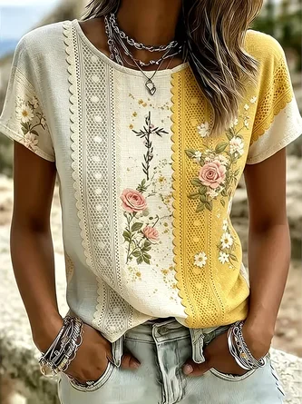 Casual Floral Crew Neck Short Sleeve T-shirt 6 Casual Floral Crew Neck Short Sleeve T-shirt - Image 6
