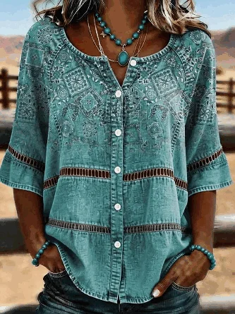 Henley Collar Half Sleeve Paisley Regular Micro-Elasticity Regular Fit Shirt For Women