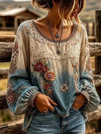 Crew Neck Long Sleeve Floral Lightweight Micro-Elasticity Loose Blouse For Women