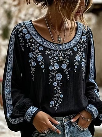 Crew Neck Long Sleeve Floral Lightweight Micro-Elasticity Loose Blouse For Women - Image 6