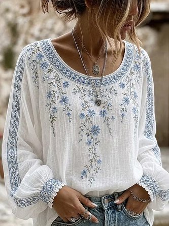 Crew Neck Long Sleeve Floral Lightweight Micro-Elasticity Loose Blouse For Women