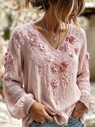 V Neck Long Sleeve Floral Printing Lightweight Micro-Elasticity Regular Fit Blouse For Women - Image 2