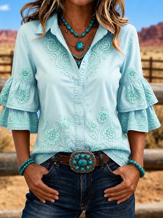 Shirt Collar Half Sleeve Star Printing Regular Micro-Elasticity Regular Fit Shirt For Women - Image 2